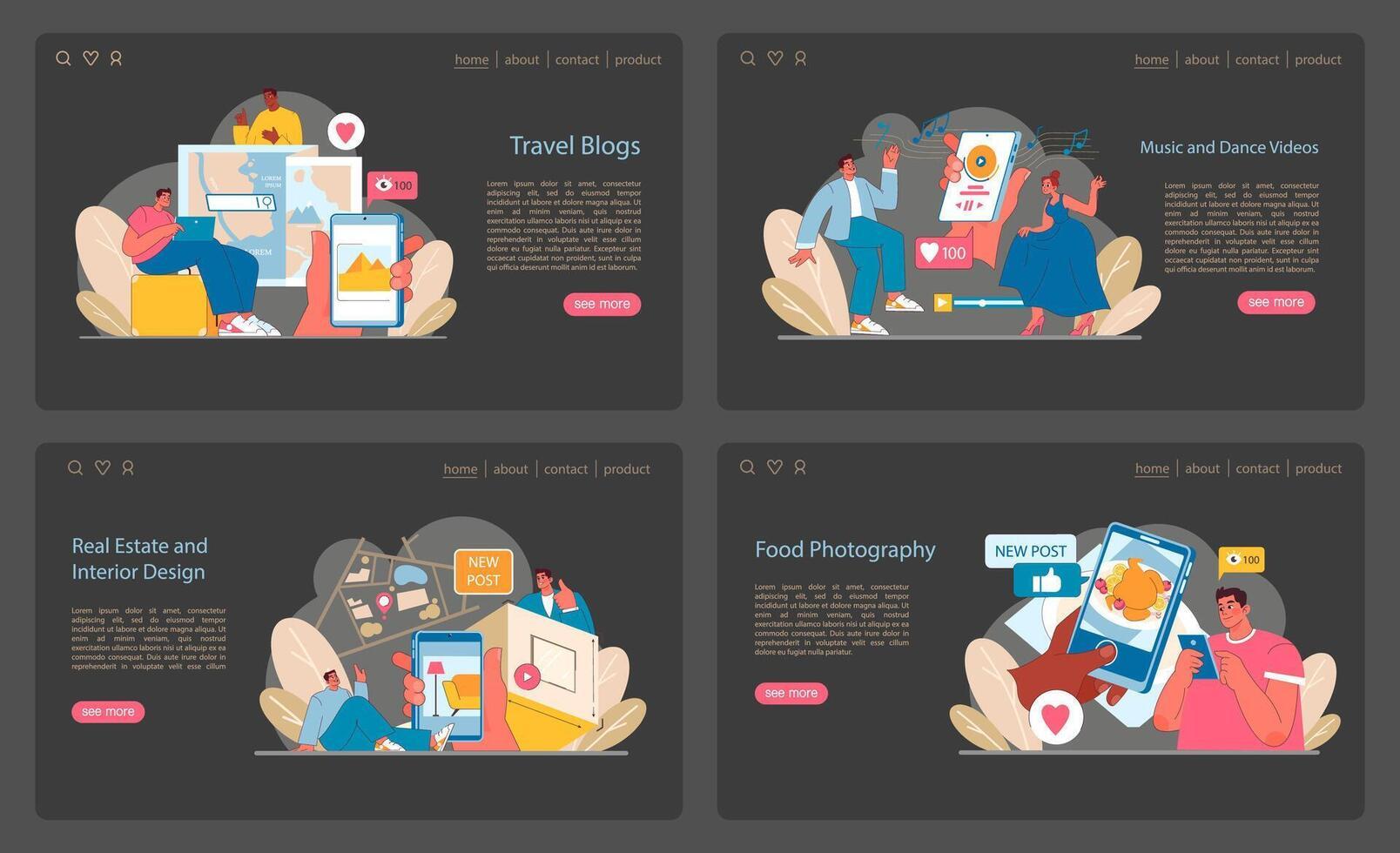 Digital <b>Content</b> set. <b>Exploring travel</b> stories, music <b>online</b> ...